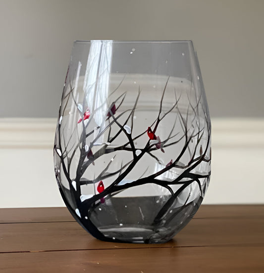 Hand Painted Wine Glasses with Seasonal Tree Design Set of 4