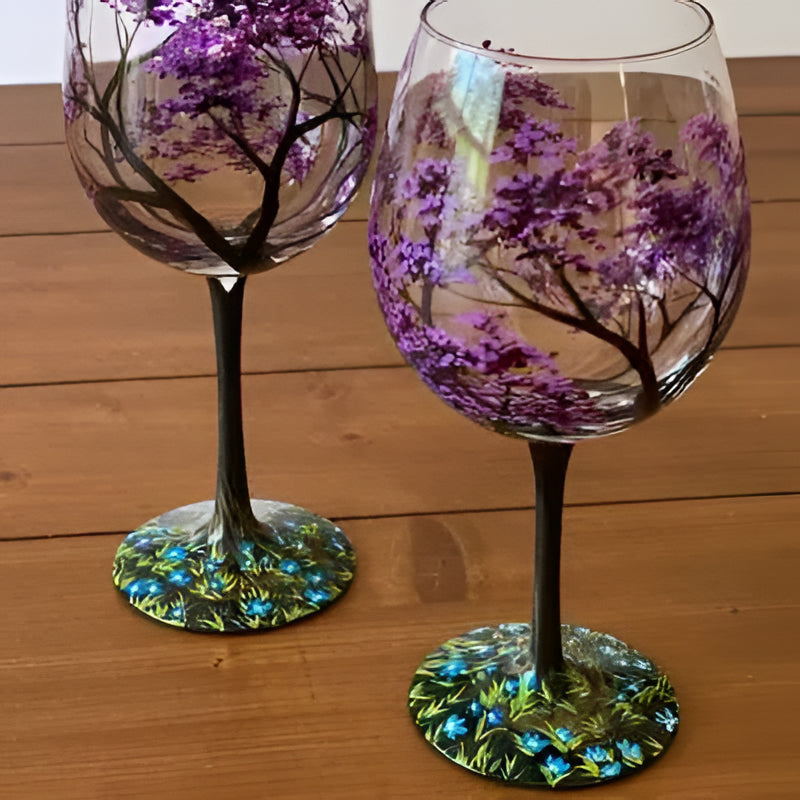 Hand Painted Wine Glasses with Seasonal Tree Design Set of 4