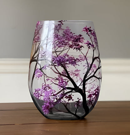 Hand Painted Wine Glasses with Seasonal Tree Design Set of 4