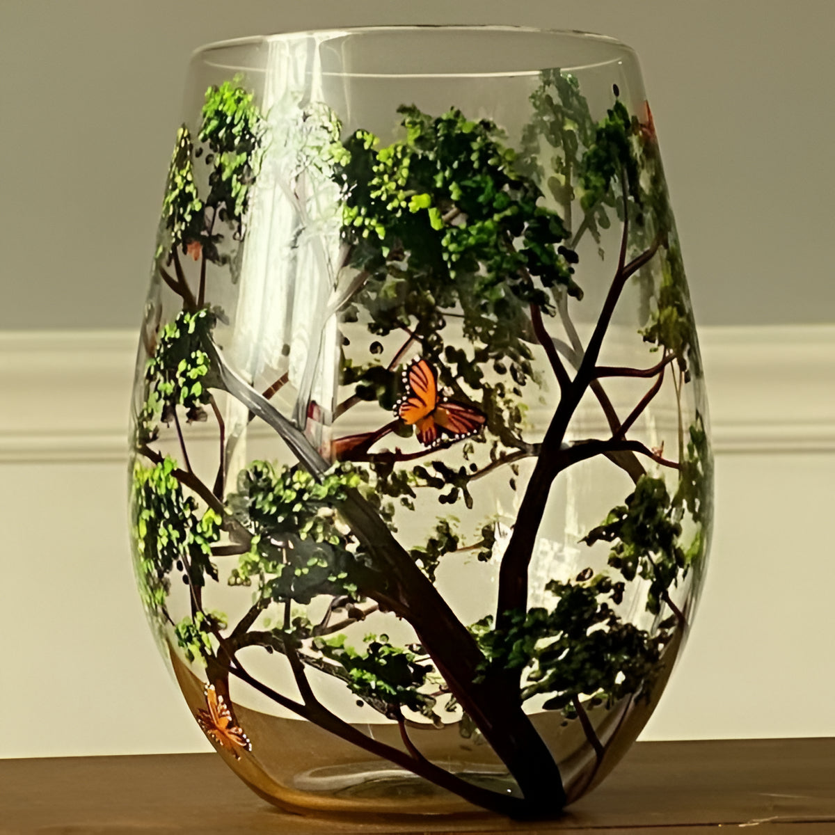 Hand Painted Wine Glasses with Seasonal Tree Design Set of 4