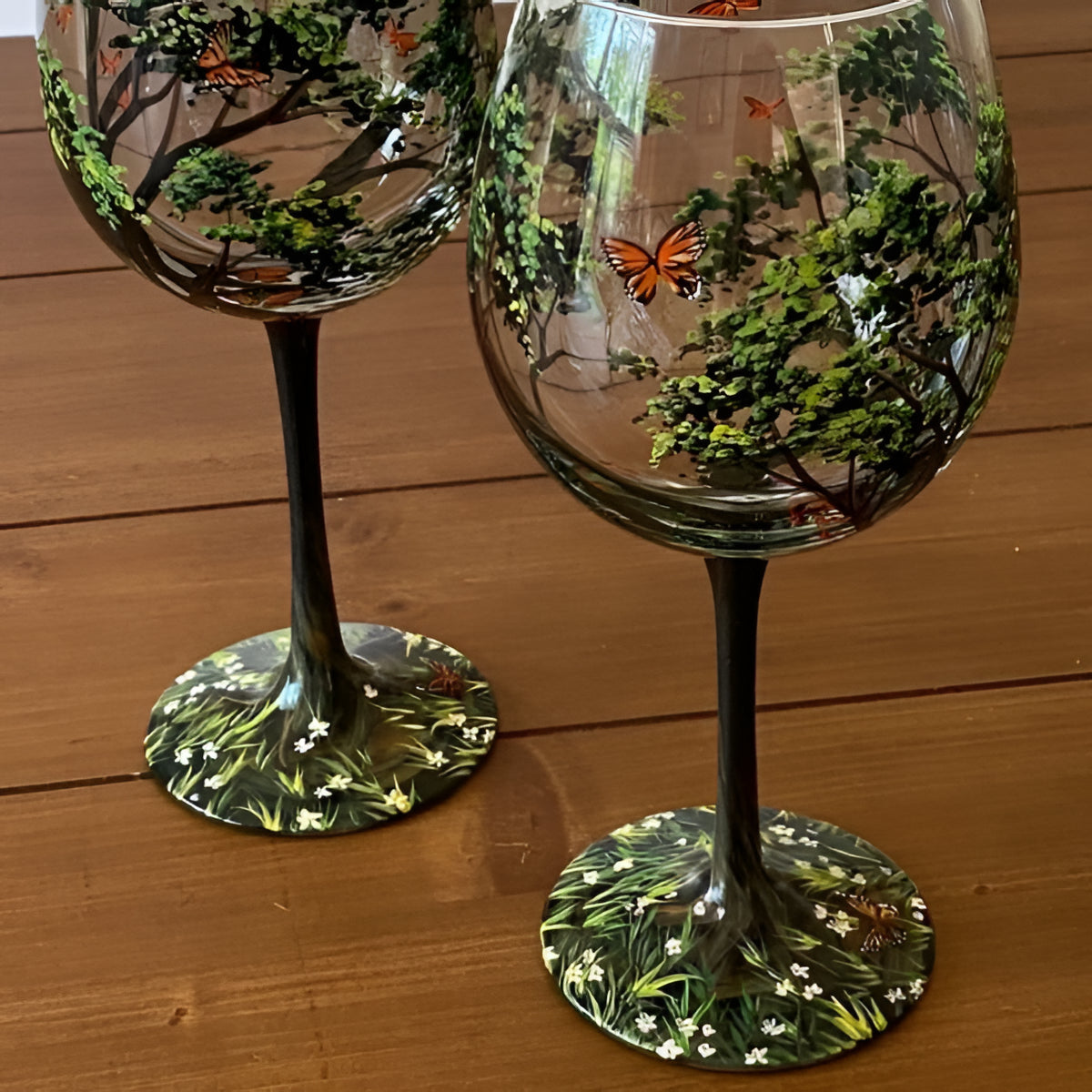 Hand Painted Wine Glasses with Seasonal Tree Design Set of 4