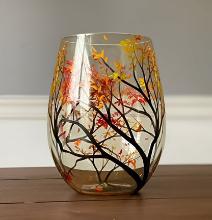 Hand Painted Wine Glasses with Seasonal Tree Design Set of 4