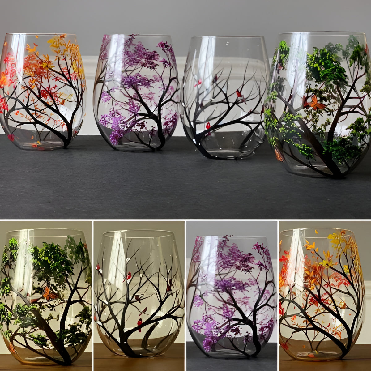 Hand Painted Wine Glasses with Seasonal Tree Design Set of 4