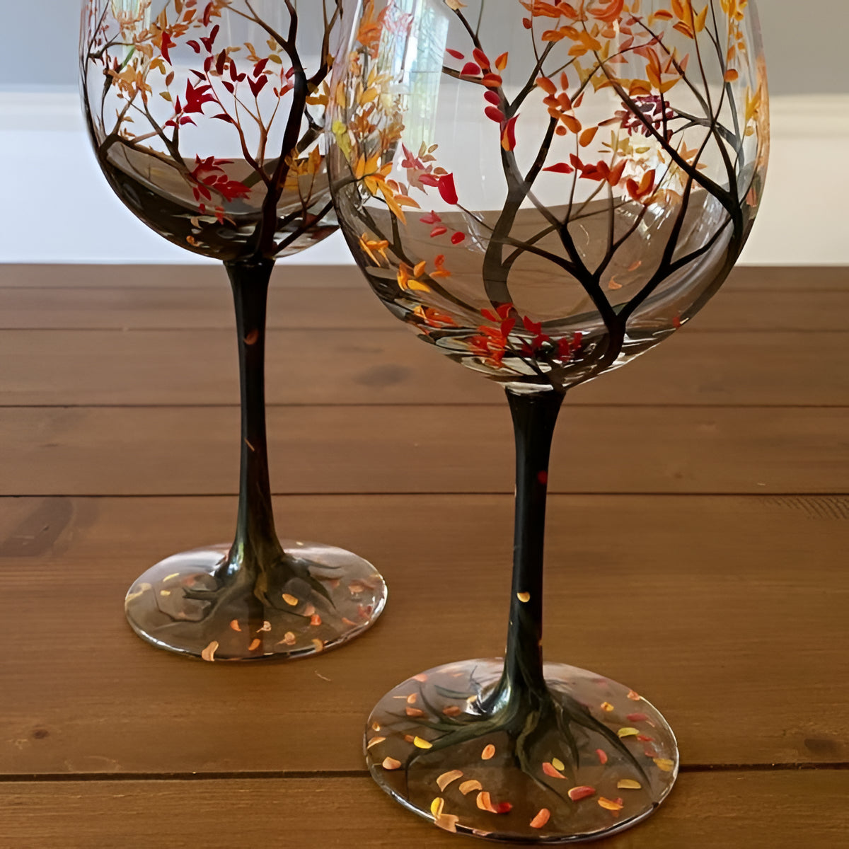 Hand Painted Wine Glasses with Seasonal Tree Design Set of 4