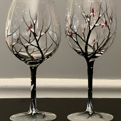 Hand Painted Wine Glasses with Seasonal Tree Design Set of 4